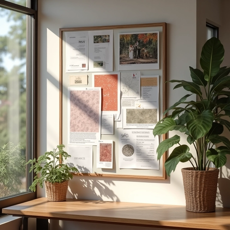 Mood board com estilos de decoração de casamento e paletas de cores.