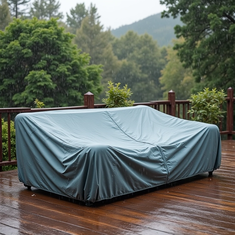 Móveis de área externa protegidos da chuva com capas impermeáveis.