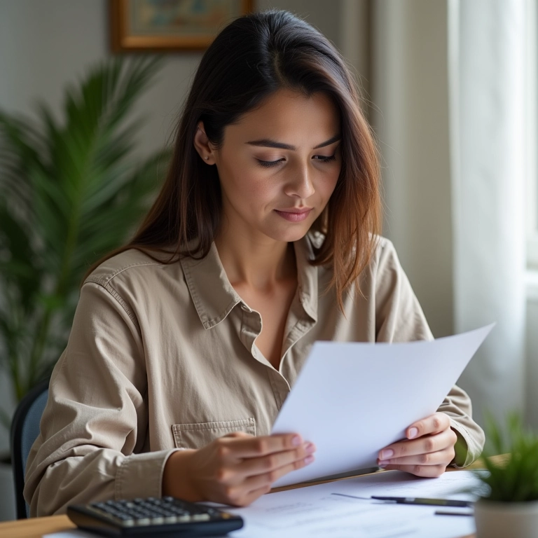 Mulher analisando contrato de fotografia com calculadora em home office brasileiro.