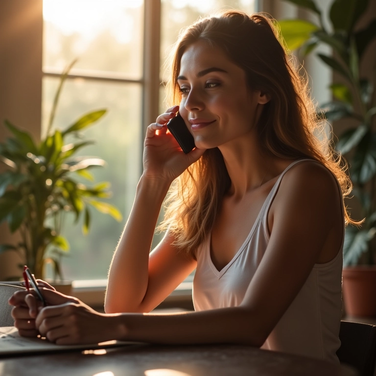 Mulher ao telefone anotando indicações de fotógrafos em casa com decoração brasileira.