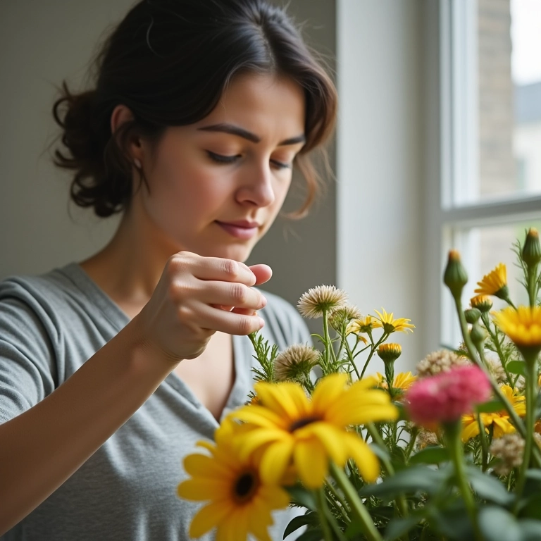 Mulher borrifando água em arranjo de flores do campo para mantê-lo fresco.