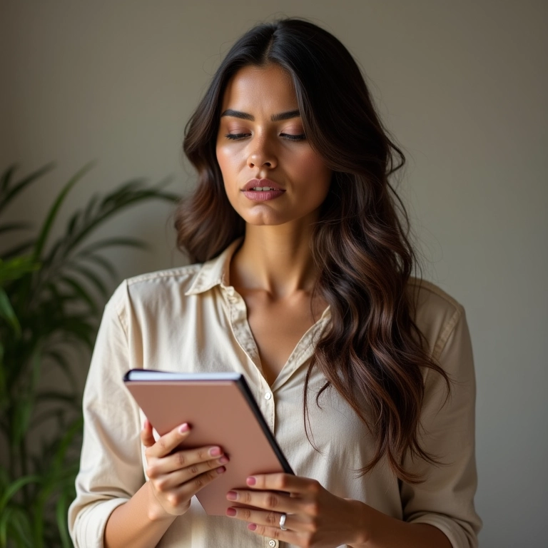 Mulher brasileira planejando o orçamento do chá de cozinha.