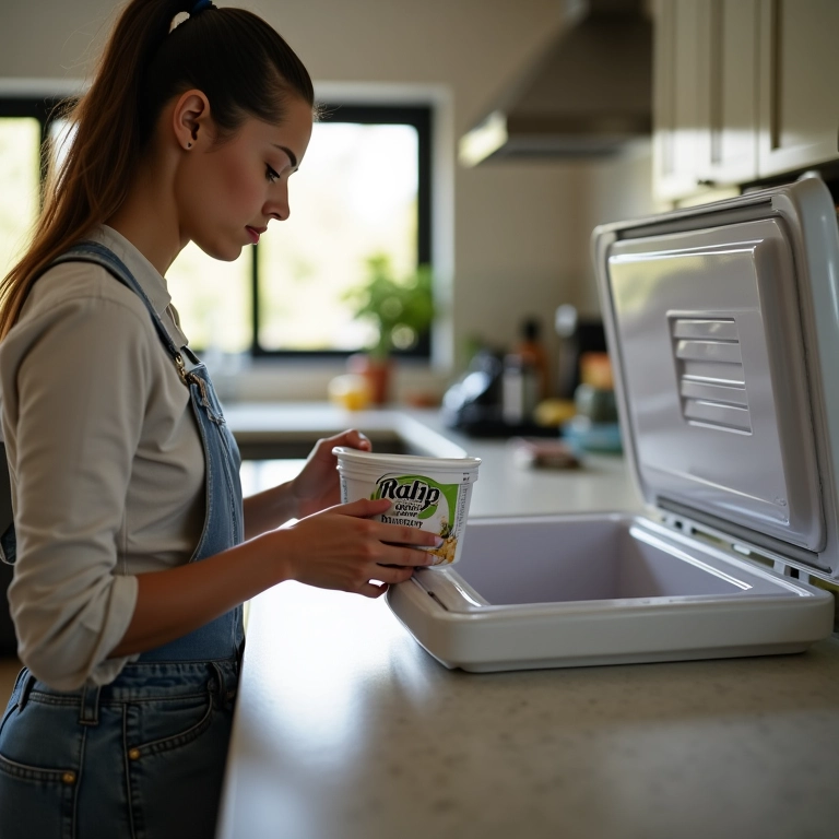 Mulher congelando palha italiana em um recipiente.
