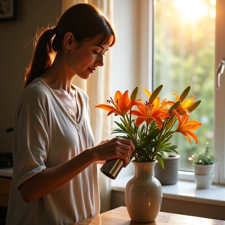Mulher cuidando de lírios em vaso dentro de casa sob luz solar.