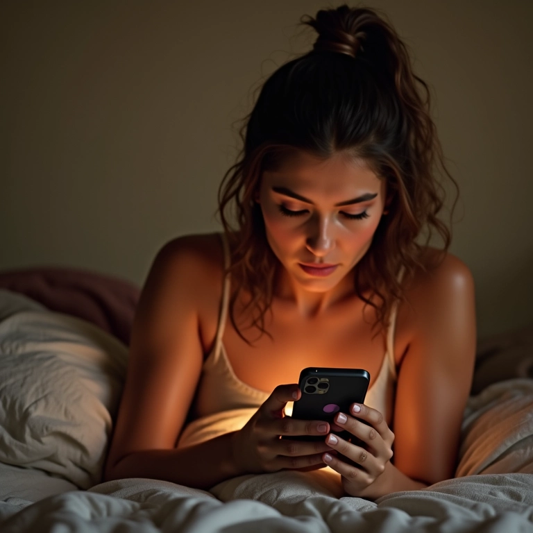 Mulher desligando o celular, quarto aconchegante.