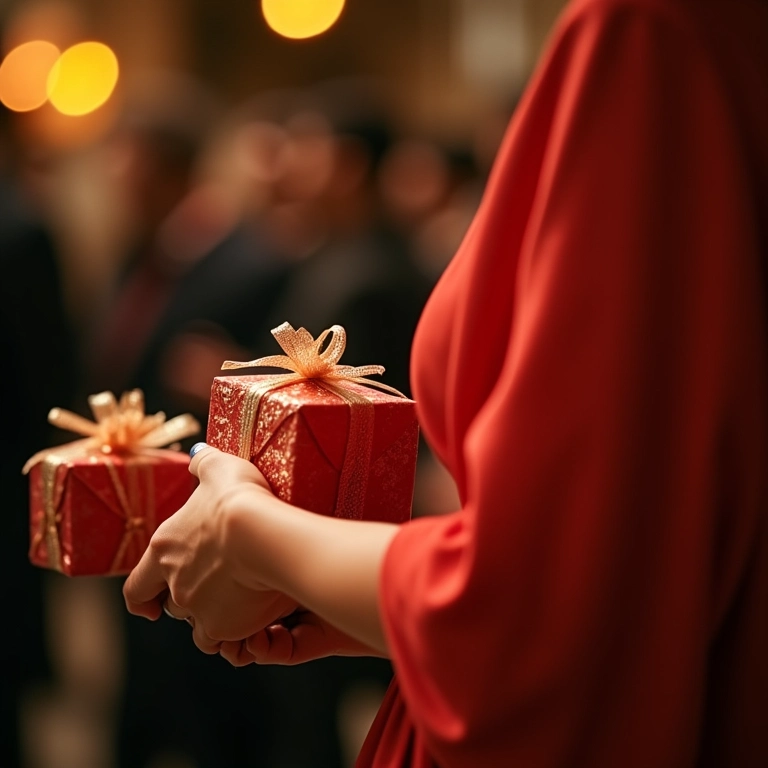 Mulher elegante entregando lembrancinhas embrulhadas em festa.
