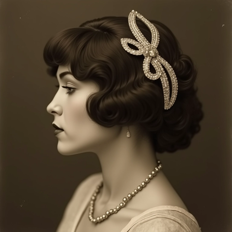 Mulher em foto vintage com penteado elaborado e pente decorativo.