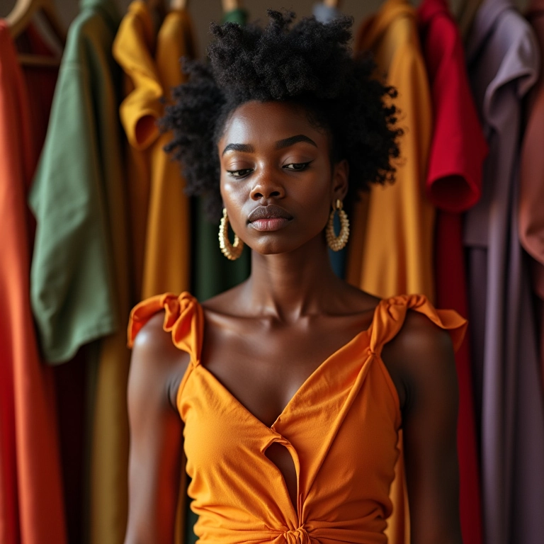 Mulher escolhendo macacão para casamento em closet colorido.