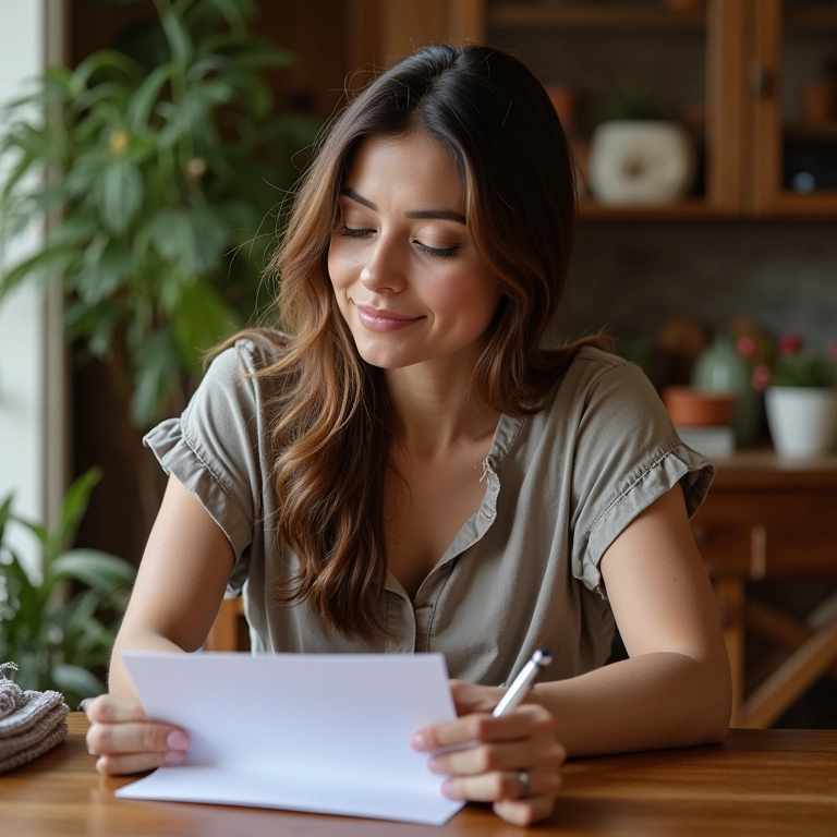 Mulher escrevendo agradecimento pelo presente em dinheiro em ambiente Farm Rio.
