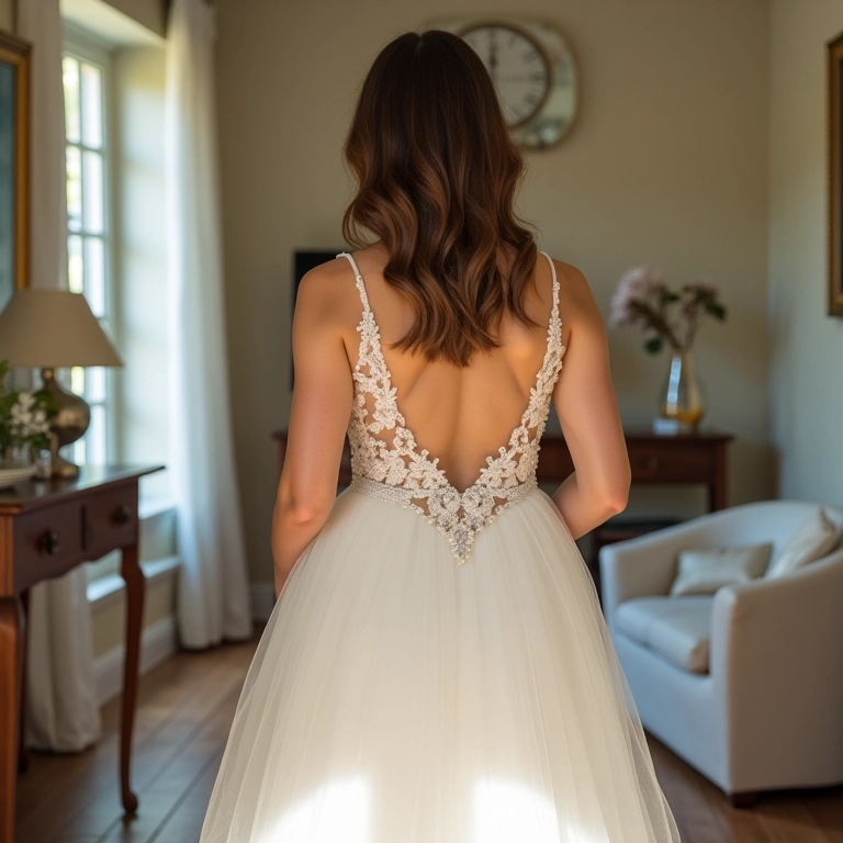 Mulher hesitante segurando um vestido branco, pensando se pode usá-lo em um casamento.