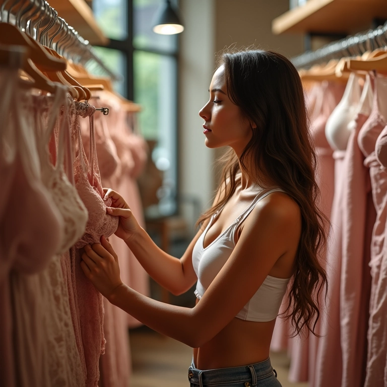 Mulher jovem procurando lingerie de qualidade e bom preço em uma loja moderna.