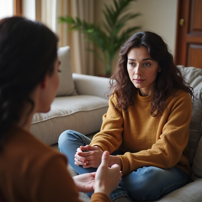 Mulher lidando com pressão familiar para ter filhos com apoio do marido.