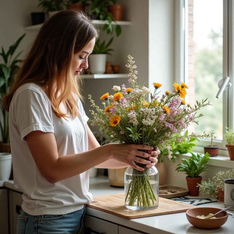 Mulher montando arranjo de flores do campo em casa.