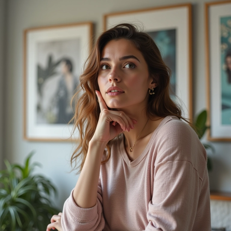 Mulher pensando em estilos de fotografia em revista, sala de estar com design brasileiro.