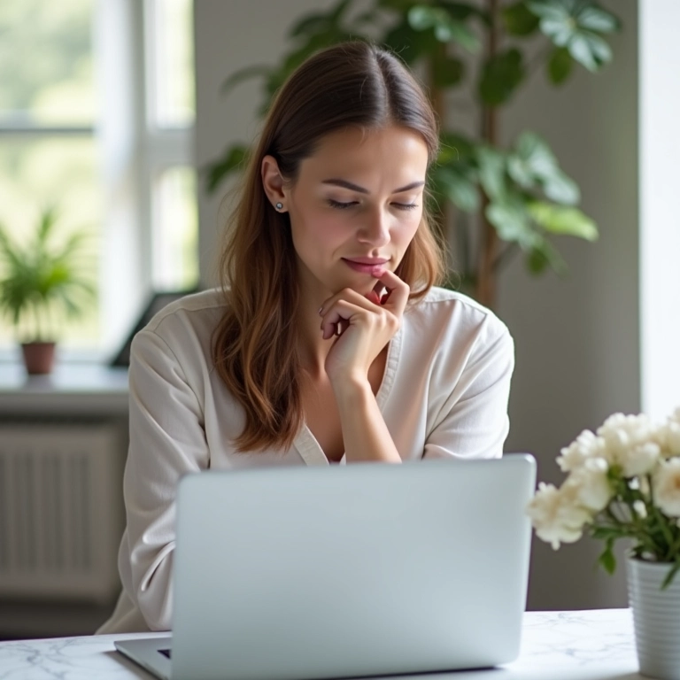 Mulher pesquisando avaliações de assessoras de casamento online.