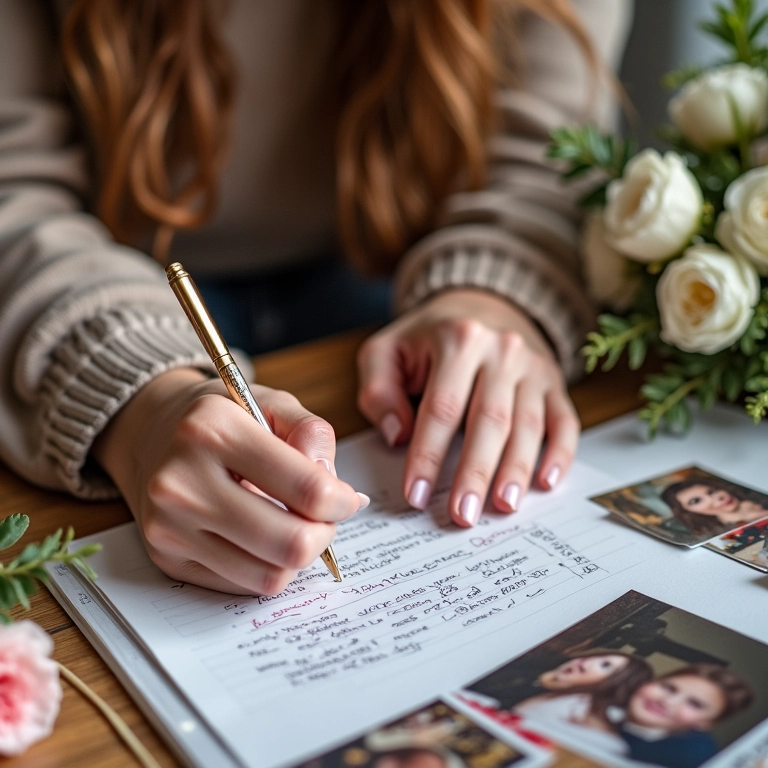 Mulher planejando a cerimônia da caixa de memórias, escrevendo em um caderno.