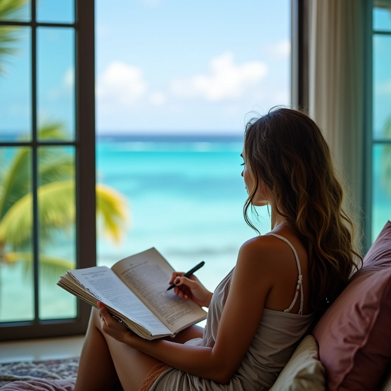 Mulher planejando a lua de mel no Caribe em um diário de viagem, na varanda com vista para o mar.