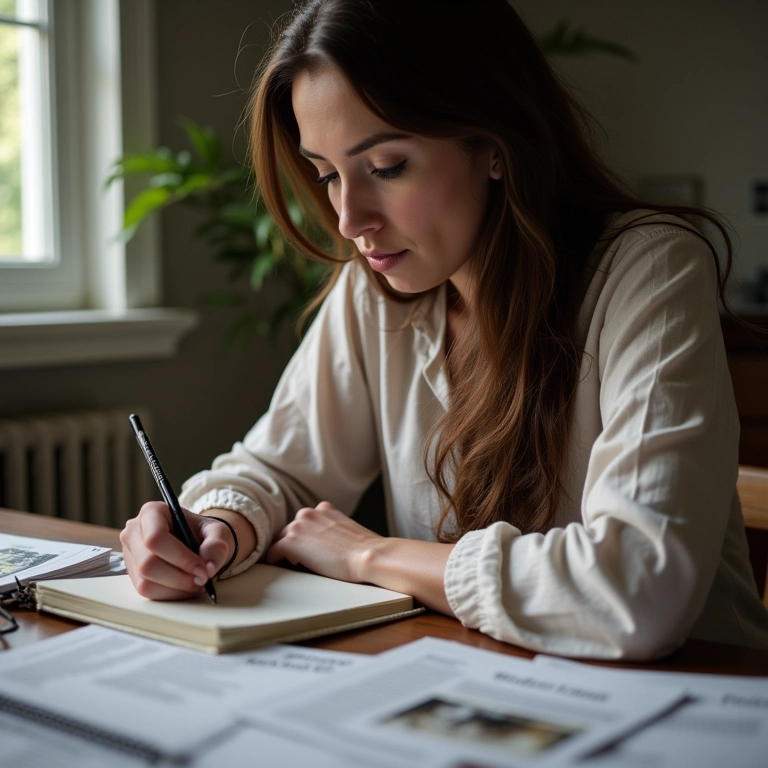 Mulher planejando casamento, escrevendo em um diário sobre a importância da sinceridade.