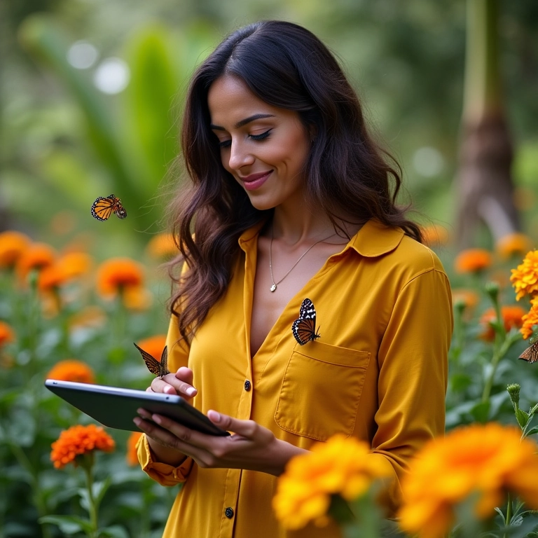 Mulher planejando cerimônia de borboletas ao ar livre com tablet e flores.