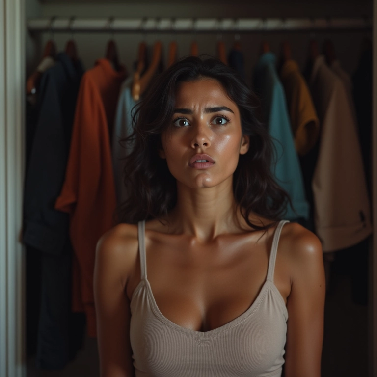 Mulher preocupada em frente ao armário, sem saber qual traje usar em um casamento.