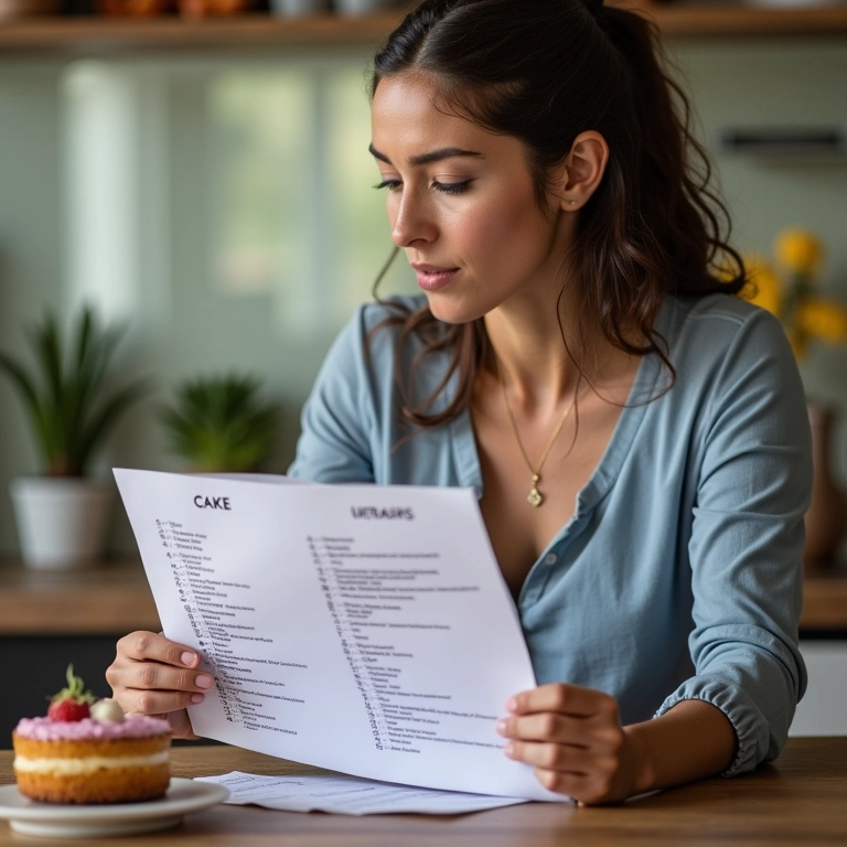 Mulher preparando checklist para prova de bolo.