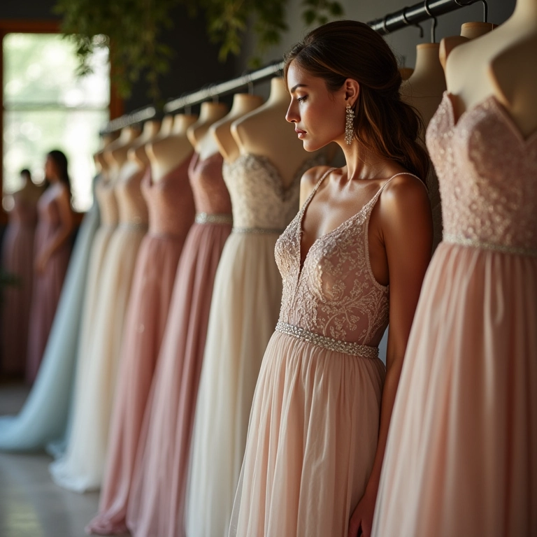 Mulher procurando vestido de noivado em boutique com design brasileiro.