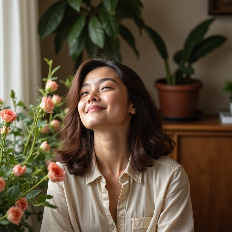 Mulher relaxando perto de um arranjo floral, transmitindo tranquilidade.