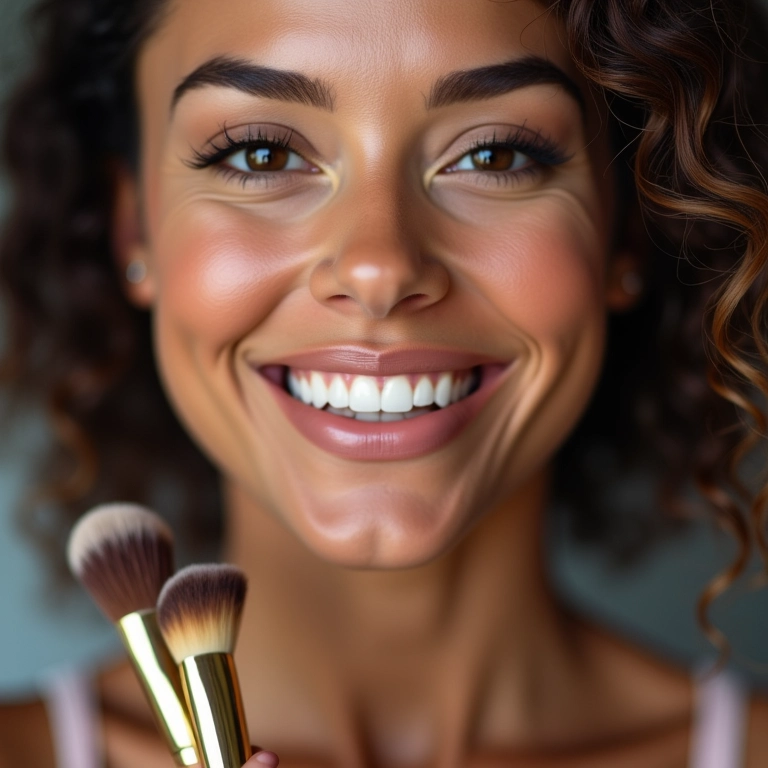 Mulher sorrindo com maquiagem impecável segurando pincéis de maquiagem.