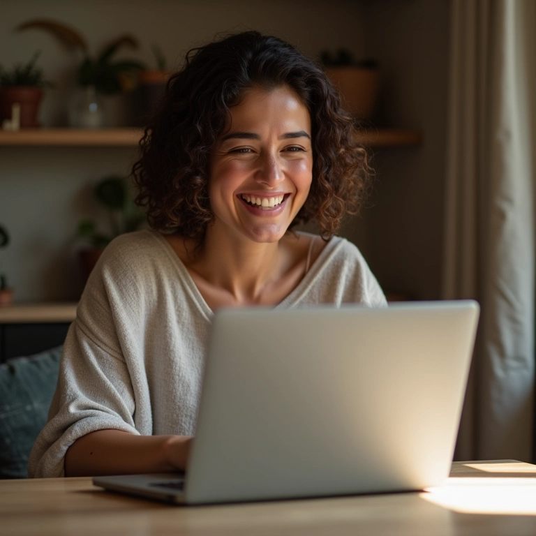 Mulher sorrindo durante casamento virtual em casa aconchegante.