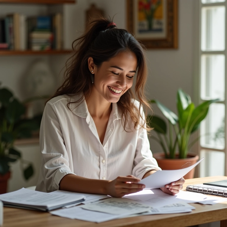 Mulher sorrindo organizando documentos do casamento