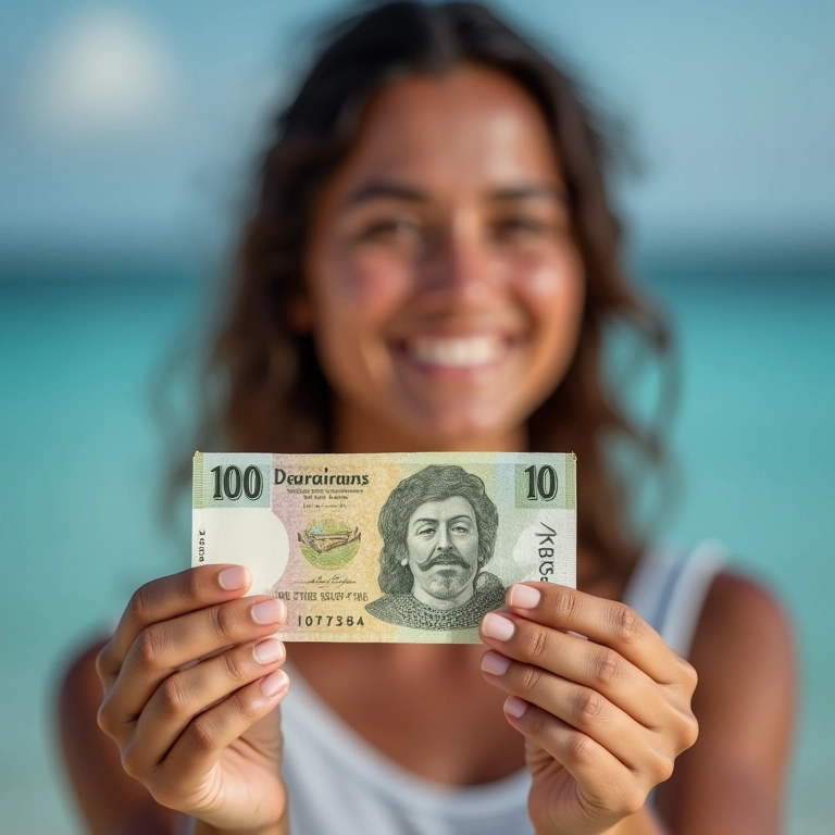 Mulher sorrindo segurando notas de Rupias Mauricianas.