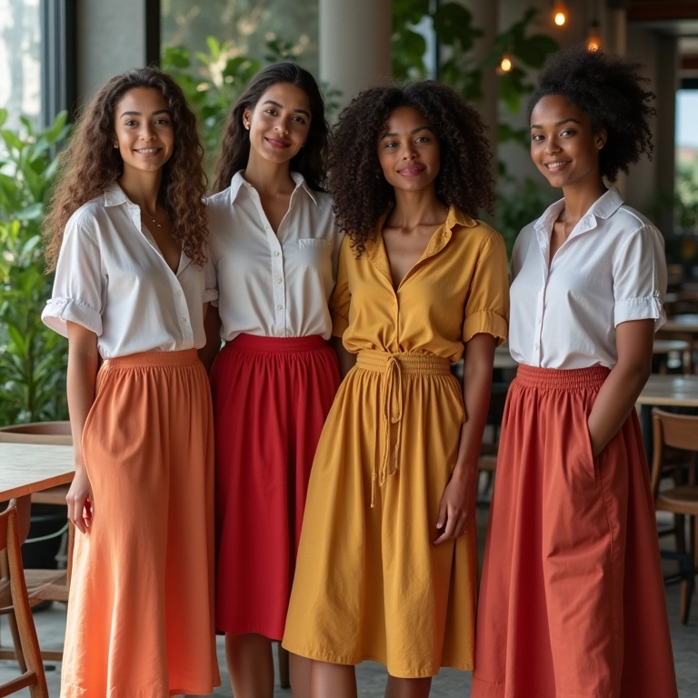 Mulheres com saias midi e blusas elegantes em brunch.