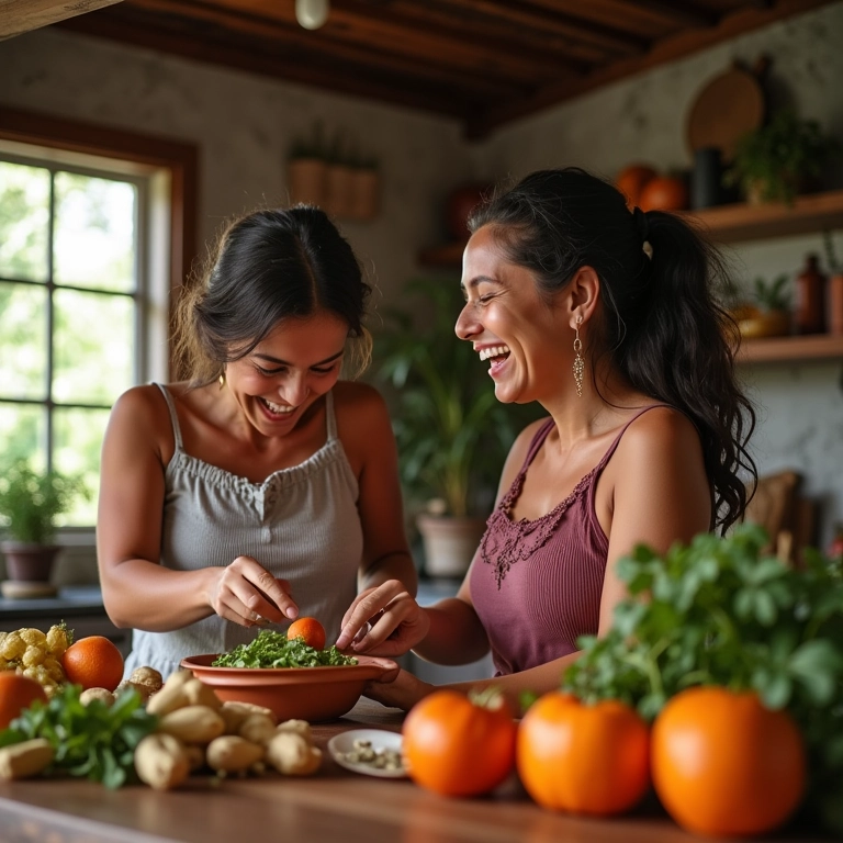 Mulheres de diferentes gerações reunidas em chá de cozinha familiar.