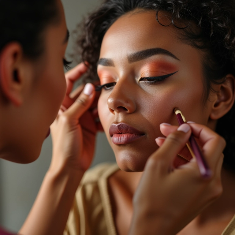 Mulheres diversas aplicando maquiagem vibrante. Pele radiante.