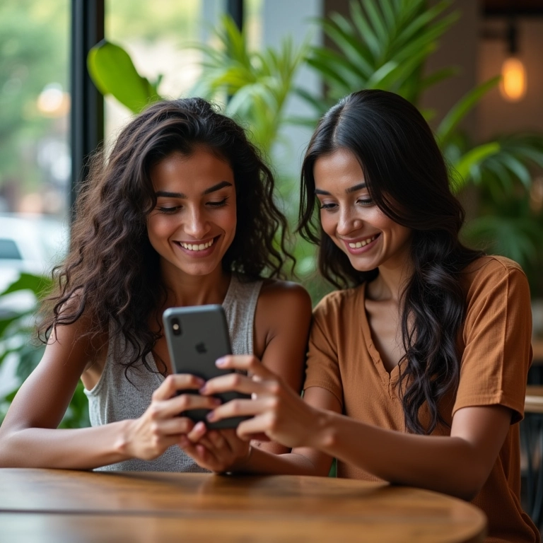 Mulheres olhando fotos no celular em café com plantas tropicais