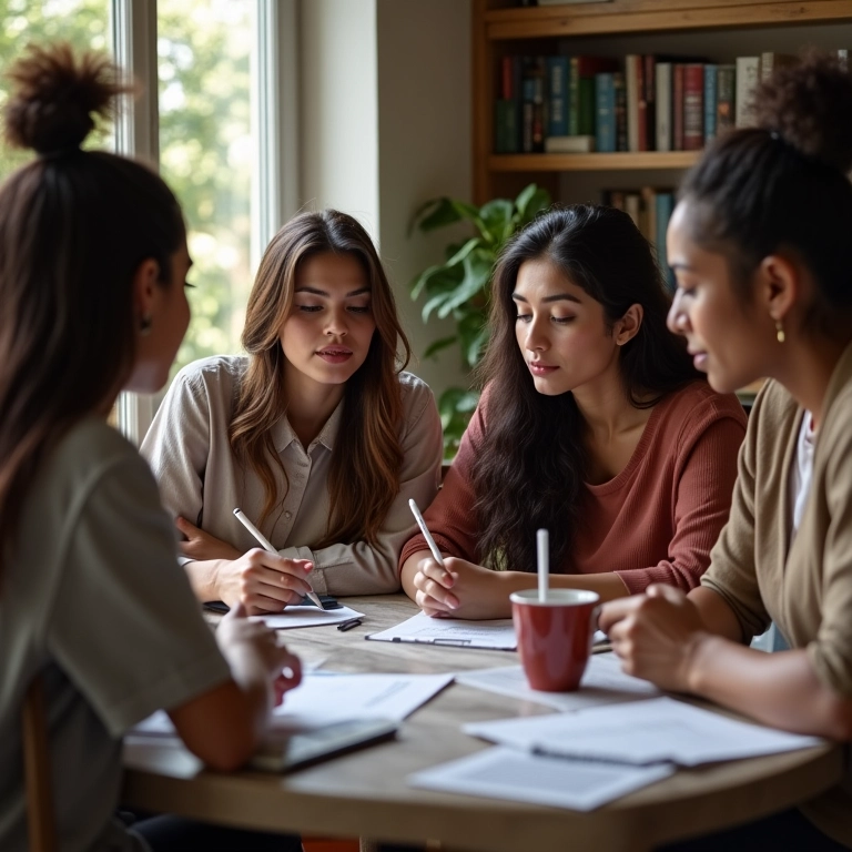 Mulheres planejando um brunch juntas, em ambiente aconchegante.