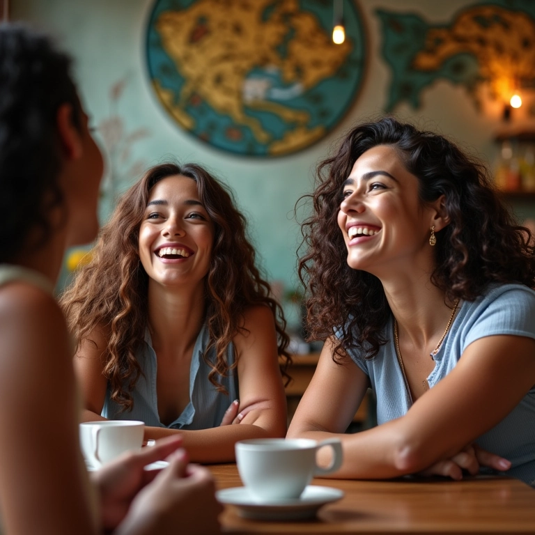 Mulheres trocando indicações de fornecedores em café vibrante.