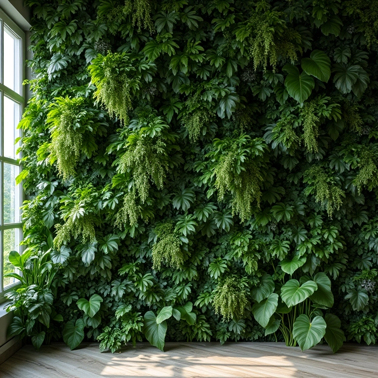 Muro inglês exuberante com folhagens diversas sob luz natural.