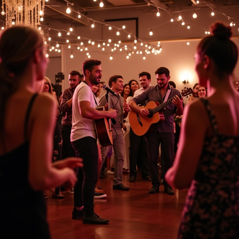 Música ao vivo com artistas locais em recepção de casamento.