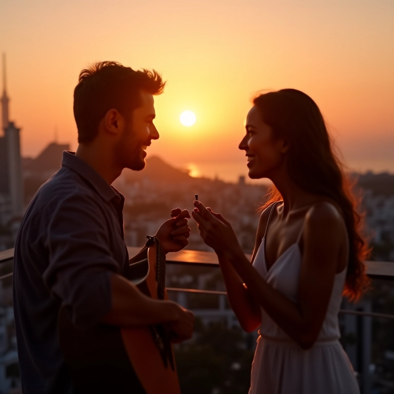 Músico fazendo serenata para casal, pedido de casamento no Rio.