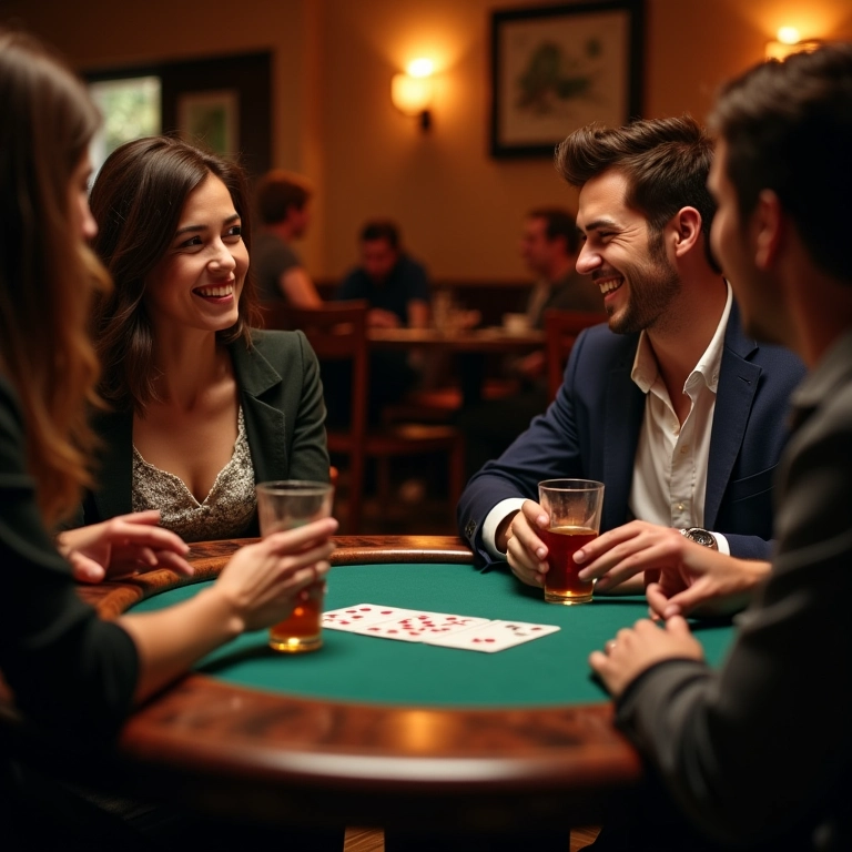 Noite de jogos e drinks em uma despedida de solteiro, com amigos jogando poker em um ambiente relaxado.