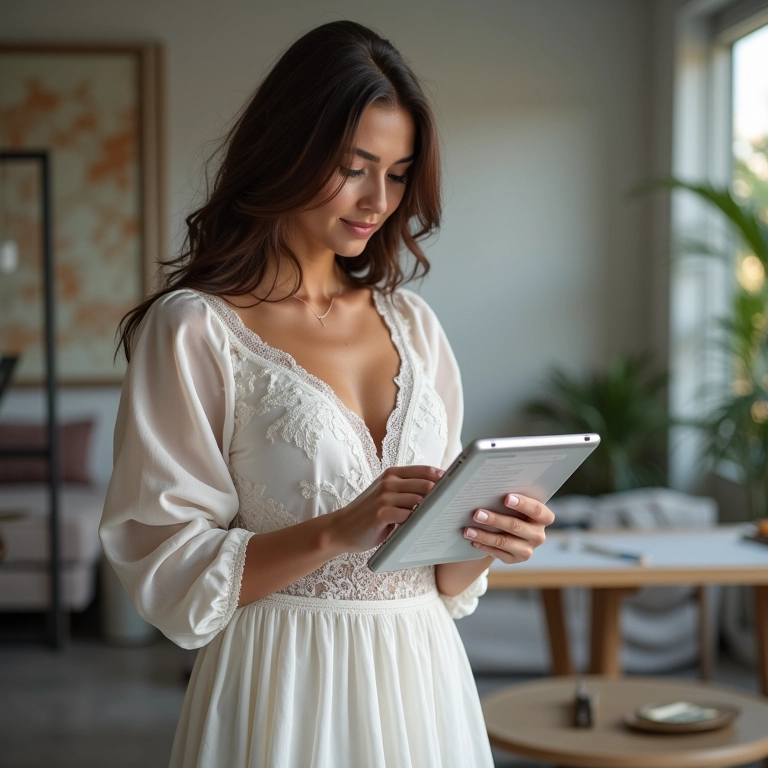 Noiva analisando checklist de casamento em um tablet em apartamento moderno.