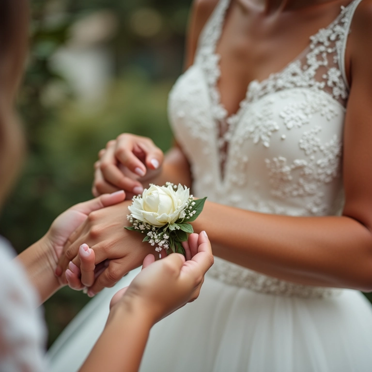 Noiva colocando um elegante corsage floral no pulso da madrinha.