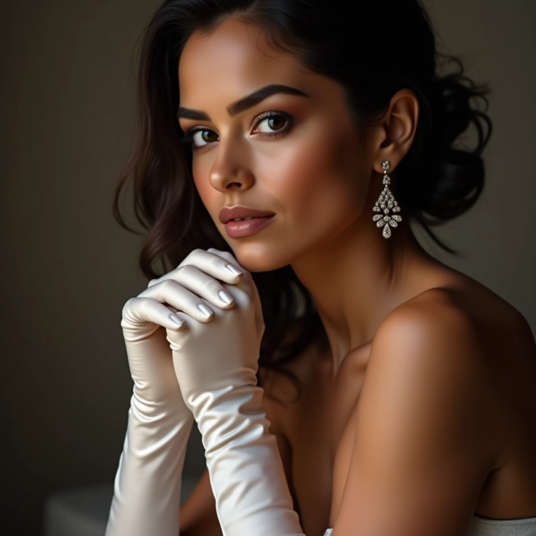 Noiva com luvas de cetim e joias.