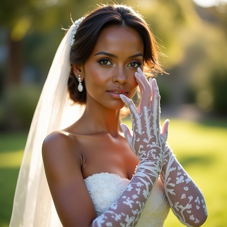 Noiva com luvas de renda e véu delicado.