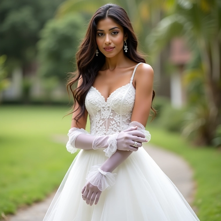 Noiva com luvas de tule ao ar livre.