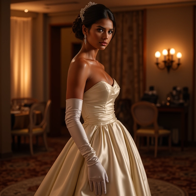 Noiva com luvas longas em baile elegante.