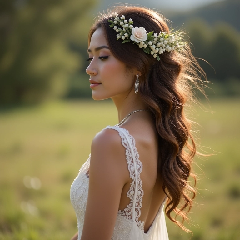 Noiva com vestido boêmio e pente de flores no cabelo.