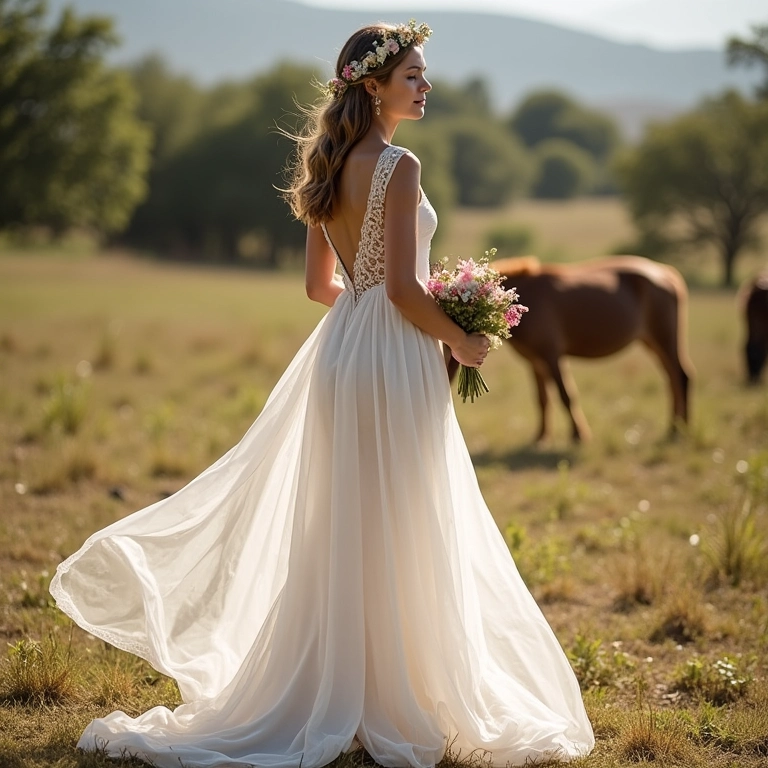 Noiva com vestido de noiva boho com detalhes florais.