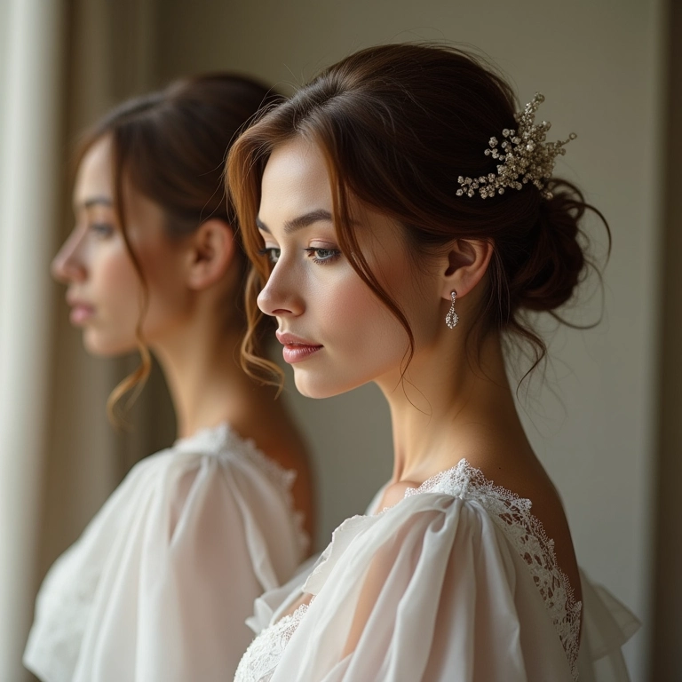 Noiva com voilette, cabelo solto e preso, comparando os estilos.
